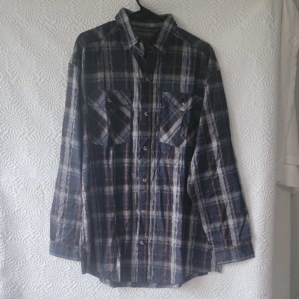 Men's Plaid Long Sleeve Shirt - Blue and Gray